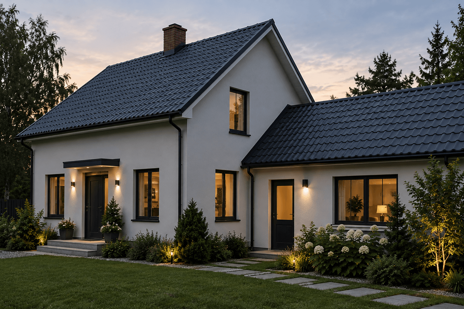 White rendered house with two gabled volumes under a dark metal tile roof, photographed at dusk with the windows lit