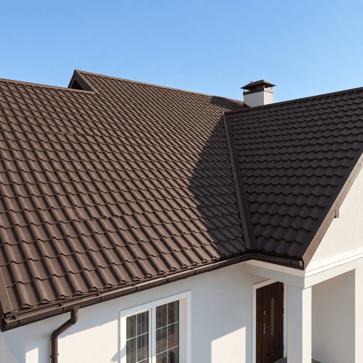 Two brown metal tile roof planes meeting at a valley above white rendered walls, under a clear sky